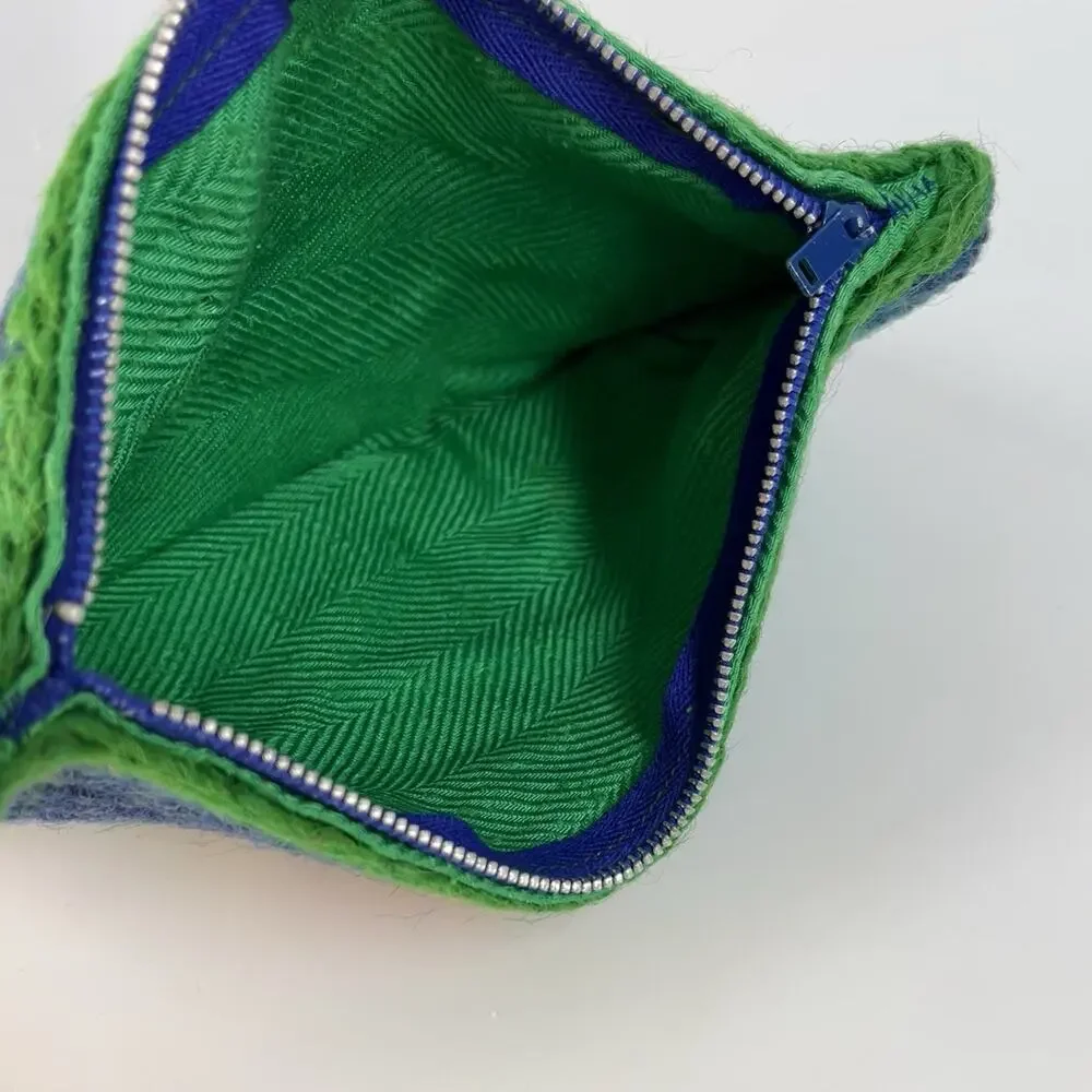 Handmade Wool Crochet Bag Pouch BoHo Zip Closure Lined Cycling Skiing Blue Green